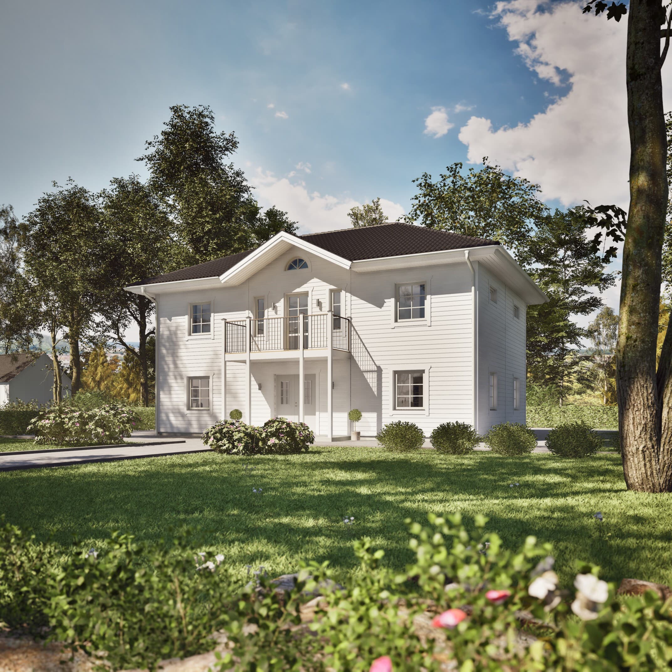 Renderad bild av Tunhem med balkong på framsidan
